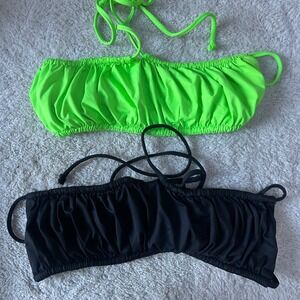 Frankies Bikinis Ruched Bandeau Bikini Top Lot 2 Black Neon Green Small